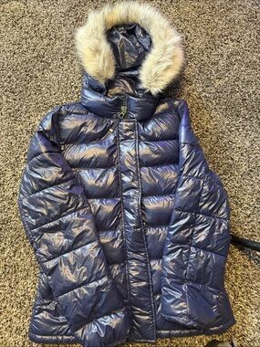 GAP Women's Navy Blue Puffer Coat with Faux Fur Hood Medium Tall